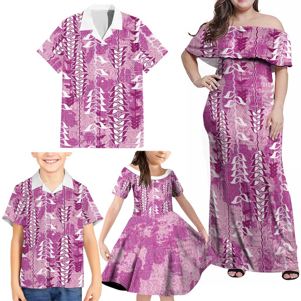 Magenta Hawaii Tapa Pattern Family Matching Off Shoulder Maxi Dress and Hawaiian Shirt With Heliconia Vintage Style LT05 - Polynesian Pride
