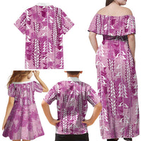 Magenta Hawaii Tapa Pattern Family Matching Off Shoulder Maxi Dress and Hawaiian Shirt With Heliconia Vintage Style LT05 - Polynesian Pride