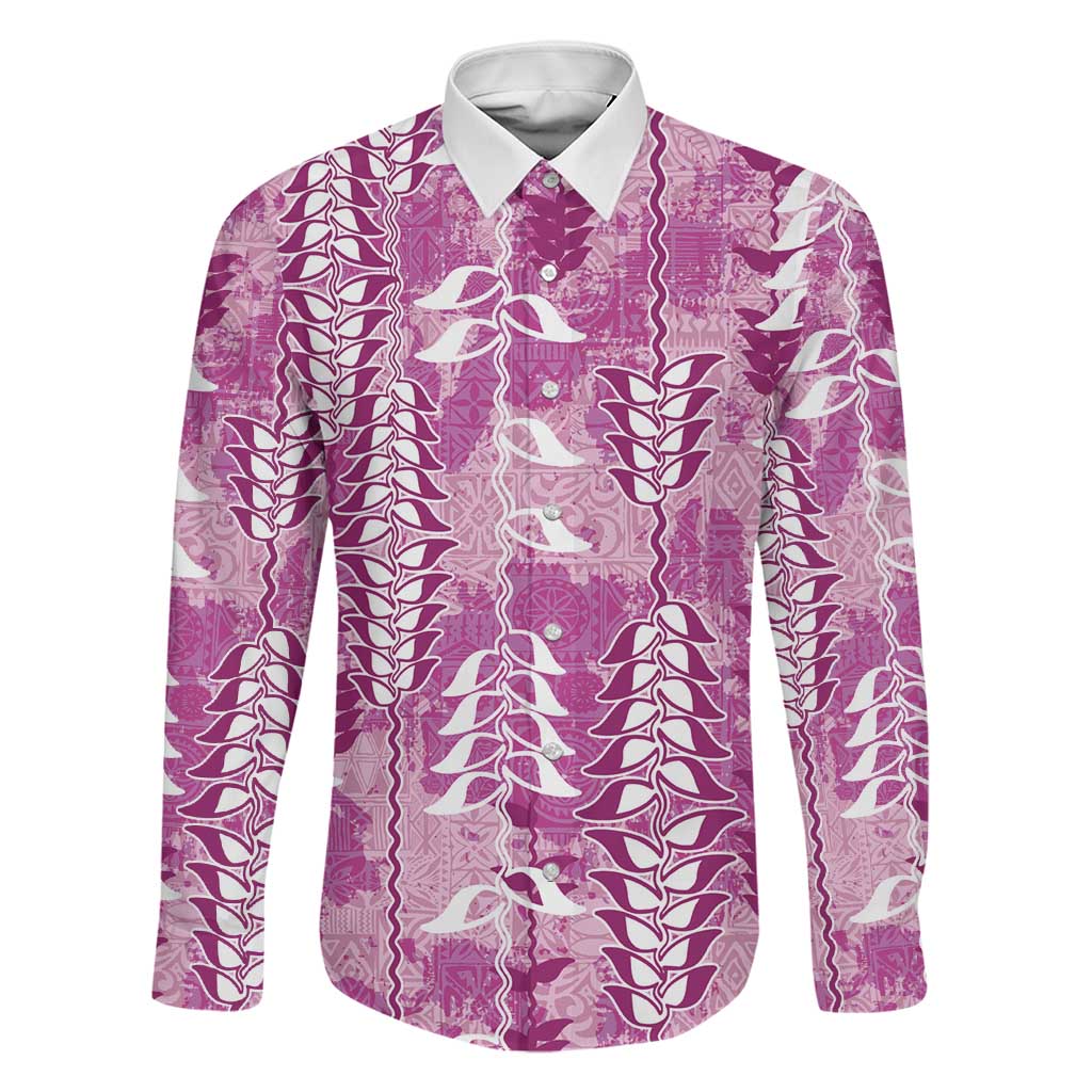 Magenta Hawaii Tapa Pattern Family Matching Off Shoulder Maxi Dress and Hawaiian Shirt With Heliconia Vintage Style LT05 Dad's Shirt - Long Sleeve Magenta - Polynesian Pride