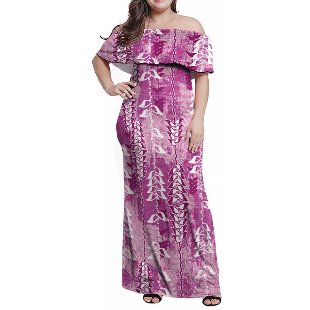Magenta Hawaii Tapa Pattern Family Matching Off Shoulder Maxi Dress and Hawaiian Shirt With Heliconia Vintage Style LT05 Mom's Dress Magenta - Polynesian Pride
