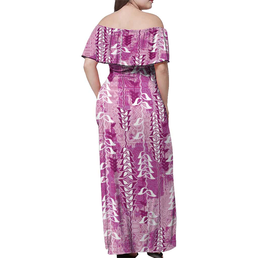 Magenta Hawaii Tapa Pattern Family Matching Off Shoulder Maxi Dress and Hawaiian Shirt With Heliconia Vintage Style LT05 - Polynesian Pride