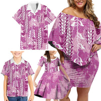 Magenta Hawaii Tapa Pattern Family Matching Off Shoulder Short Dress and Hawaiian Shirt With Heliconia Vintage Style LT05 - Polynesian Pride