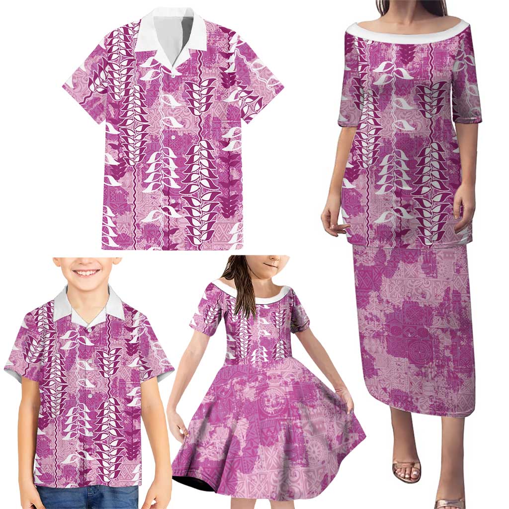Magenta Hawaii Tapa Pattern Family Matching Puletasi and Hawaiian Shirt With Heliconia Vintage Style