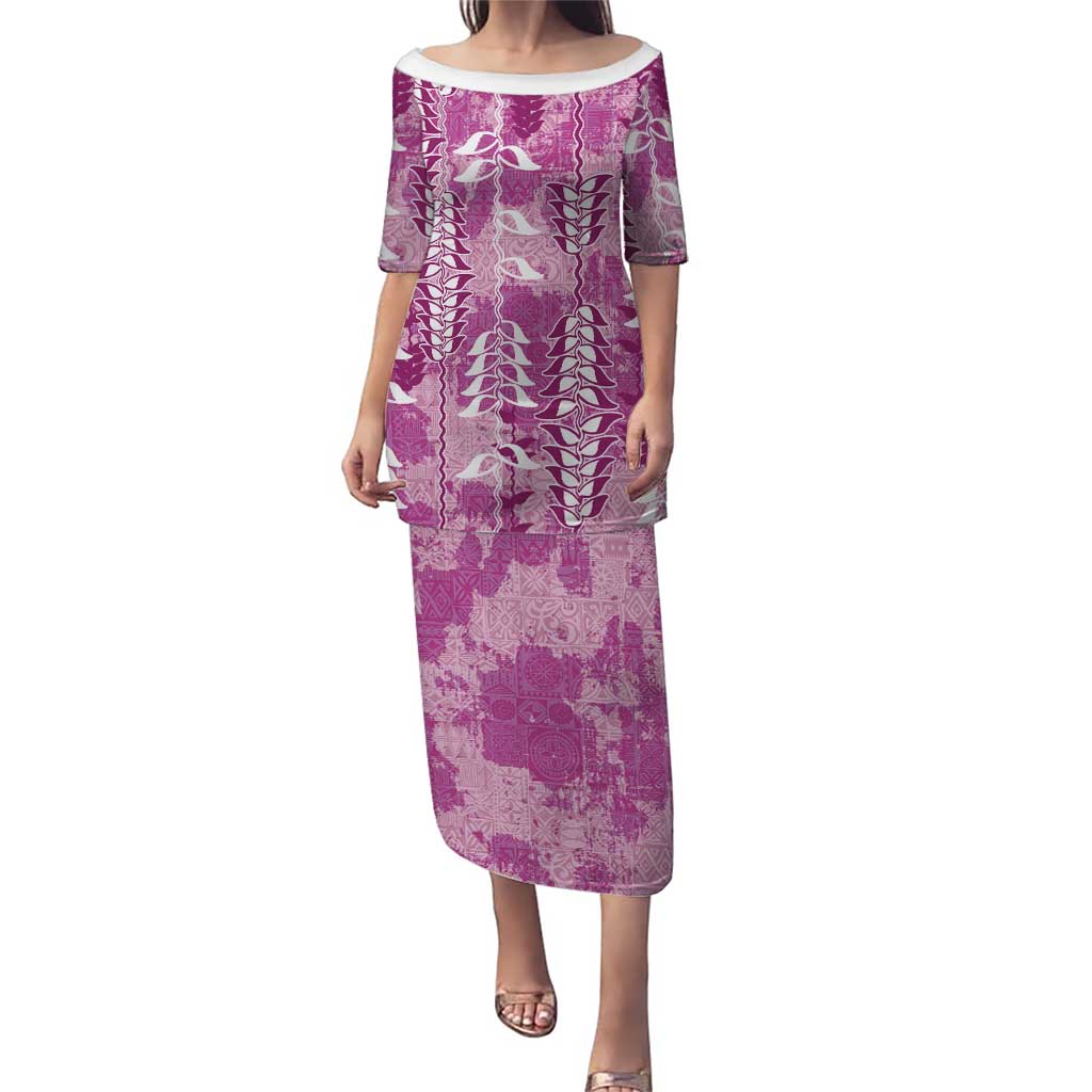 Magenta Hawaii Tapa Pattern Family Matching Puletasi and Hawaiian Shirt With Heliconia Vintage Style LT05 Mom's Dress Magenta - Polynesian Pride