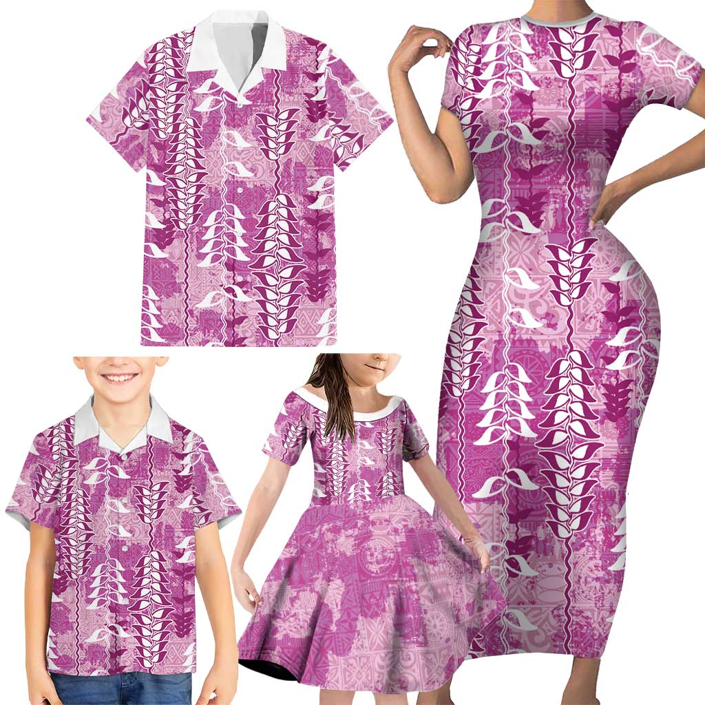 Magenta Hawaii Tapa Pattern Family Matching Short Sleeve Bodycon Dress and Hawaiian Shirt With Heliconia Vintage Style LT05 - Polynesian Pride