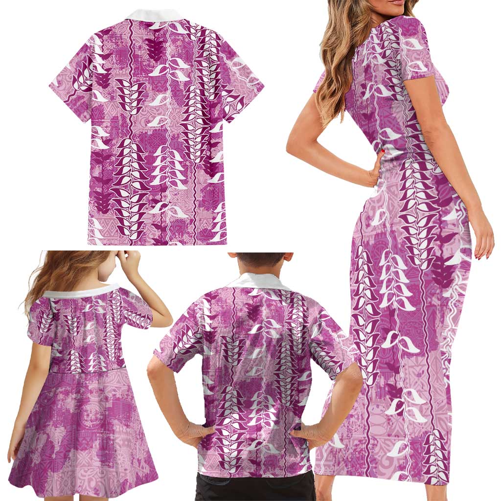 Magenta Hawaii Tapa Pattern Family Matching Short Sleeve Bodycon Dress and Hawaiian Shirt With Heliconia Vintage Style LT05 - Polynesian Pride