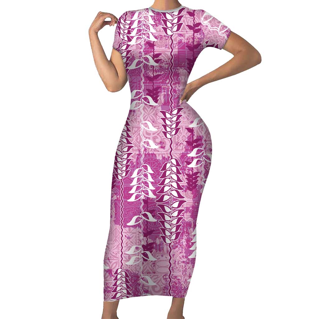 Magenta Hawaii Tapa Pattern Family Matching Short Sleeve Bodycon Dress and Hawaiian Shirt With Heliconia Vintage Style LT05 Mom's Dress Magenta - Polynesian Pride