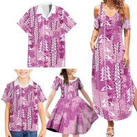 Magenta Hawaii Tapa Pattern Family Matching Summer Maxi Dress and Hawaiian Shirt With Heliconia Vintage Style LT05 - Polynesian Pride