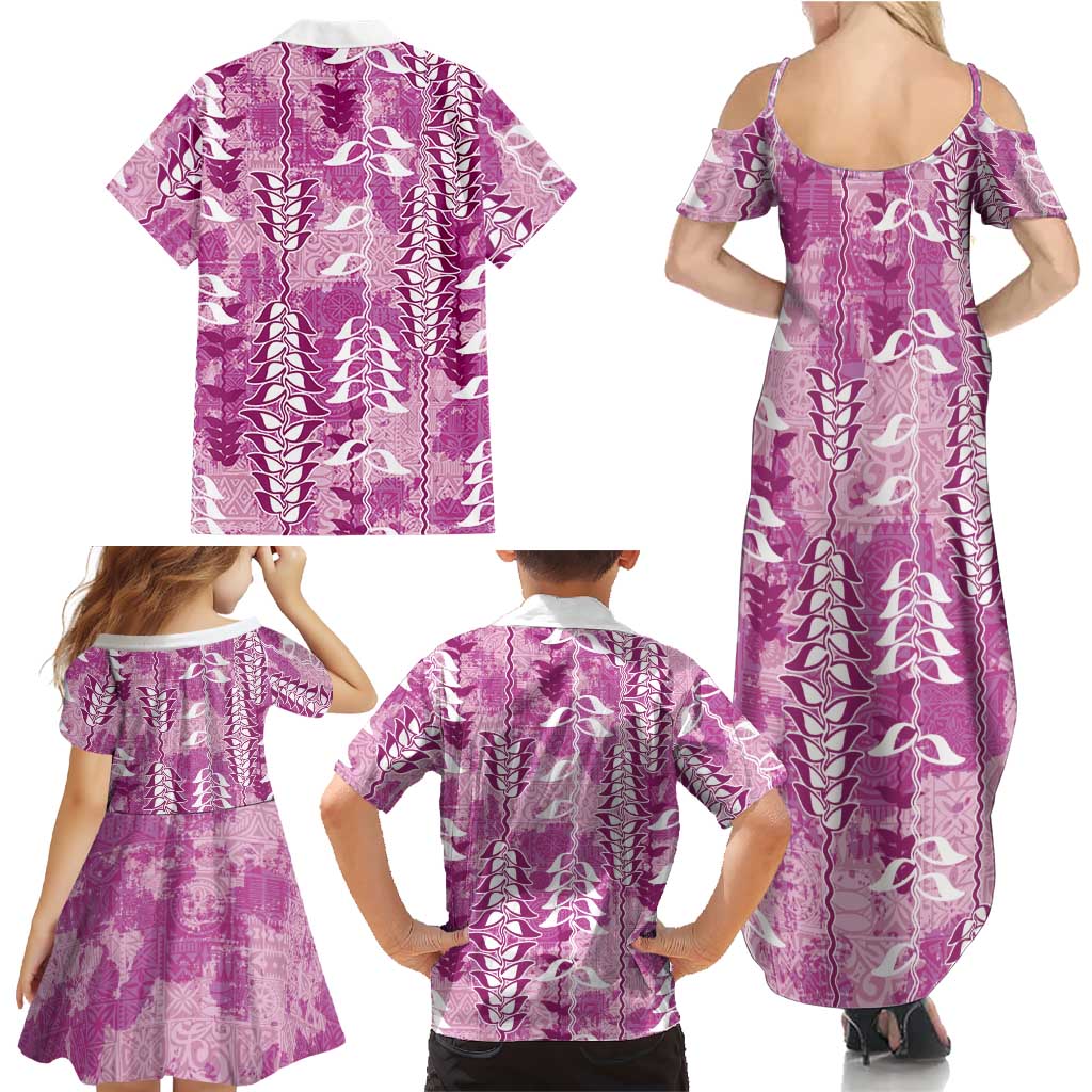 Magenta Hawaii Tapa Pattern Family Matching Summer Maxi Dress and Hawaiian Shirt With Heliconia Vintage Style LT05 - Polynesian Pride