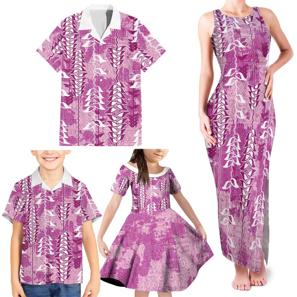 Magenta Hawaii Tapa Pattern Family Matching Tank Maxi Dress and Hawaiian Shirt With Heliconia Vintage Style LT05 - Polynesian Pride