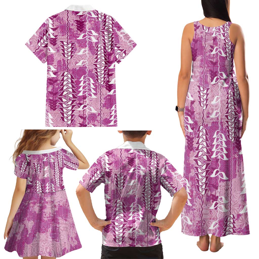 Magenta Hawaii Tapa Pattern Family Matching Tank Maxi Dress and Hawaiian Shirt With Heliconia Vintage Style LT05 - Polynesian Pride