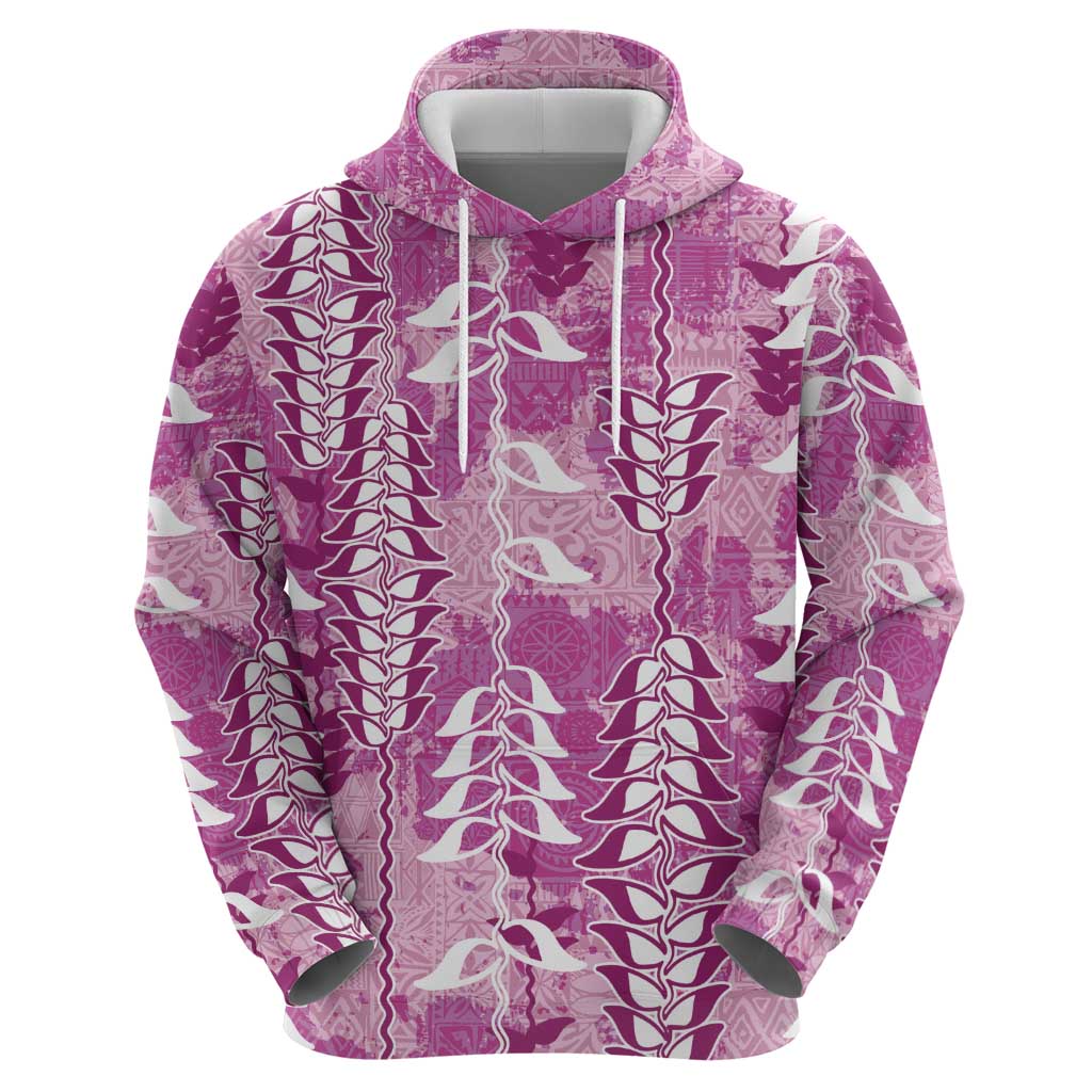 Magenta Hawaii Tapa Pattern Hoodie With Heliconia Vintage Style