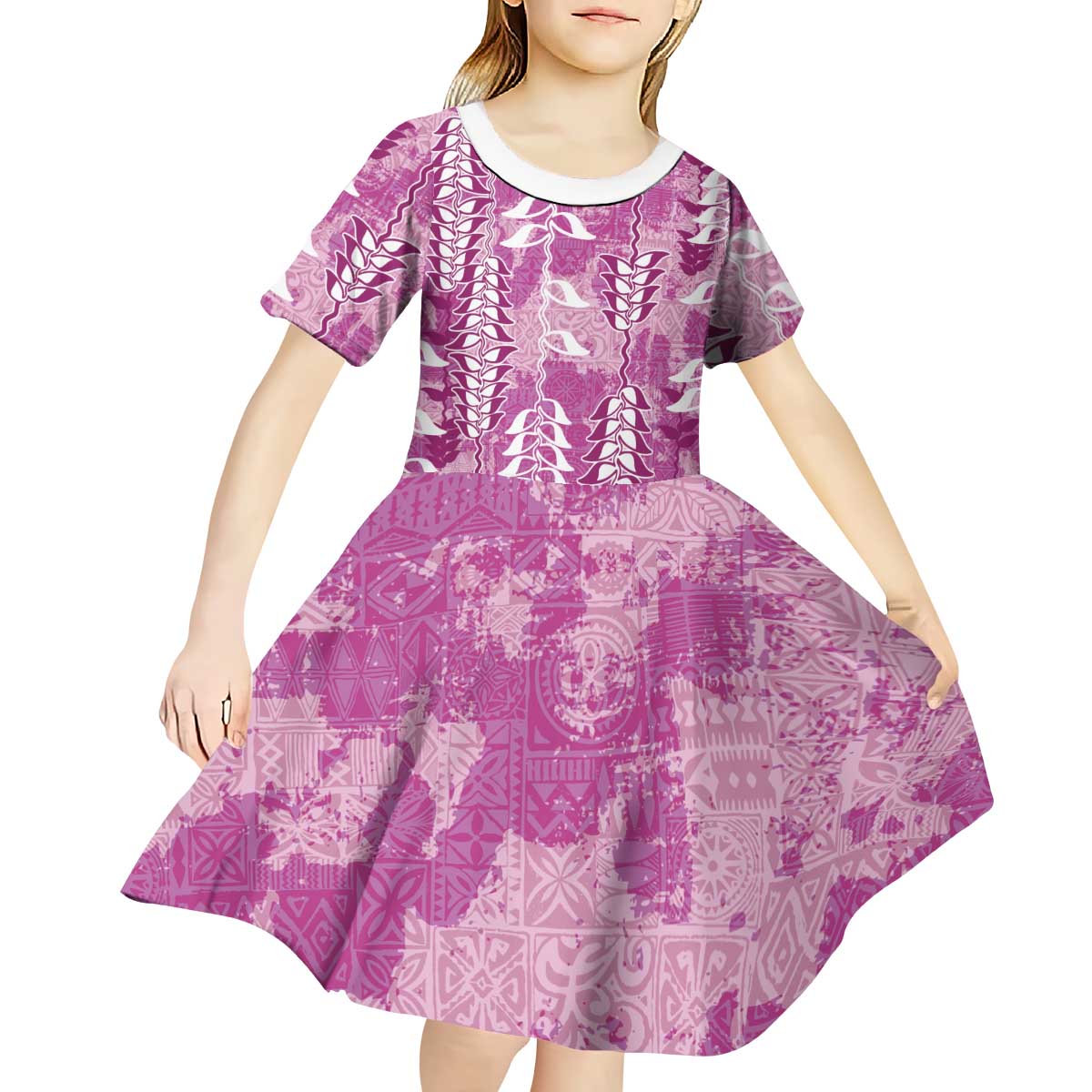 Magenta Hawaii Tapa Pattern Kid Short Sleeve Dress With Heliconia Vintage Style