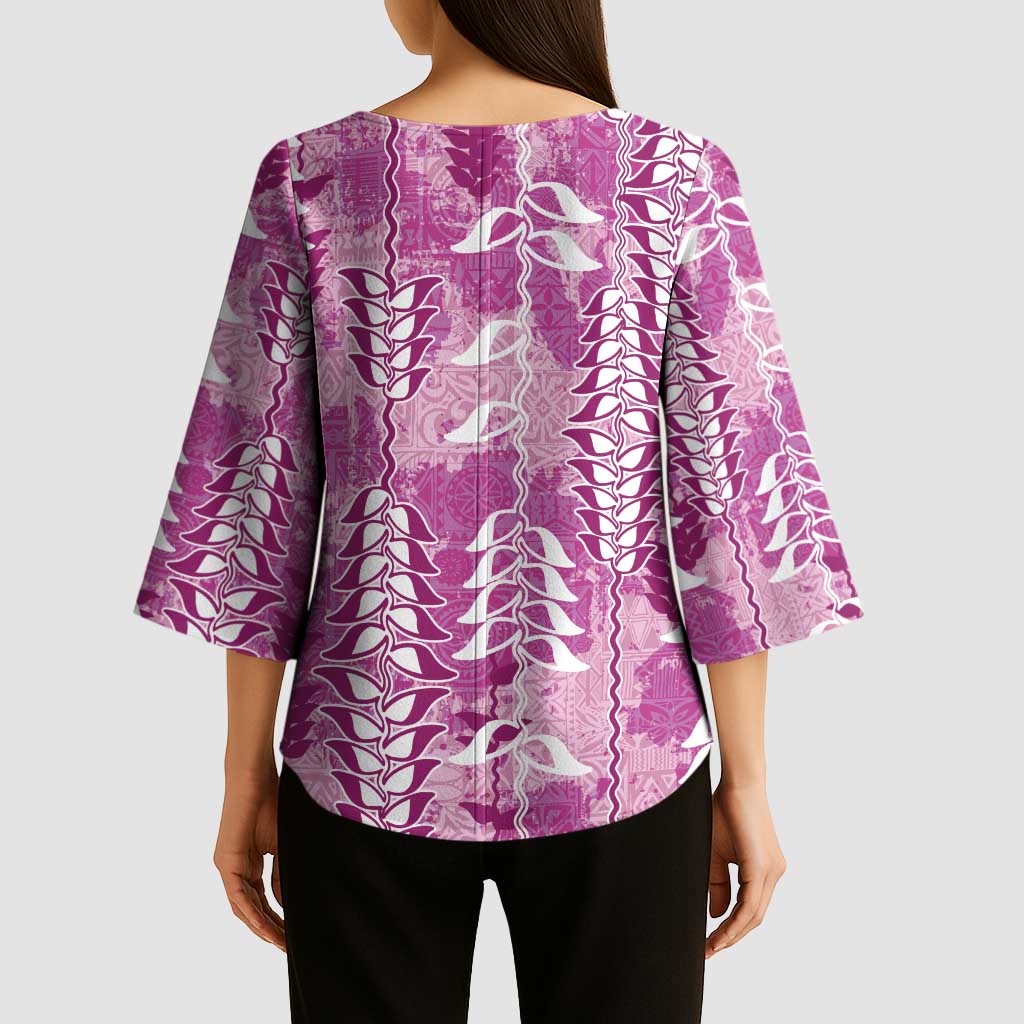 Magenta Hawaii Tapa Pattern Kimono Sleeve Blouse With Heliconia Vintage Style