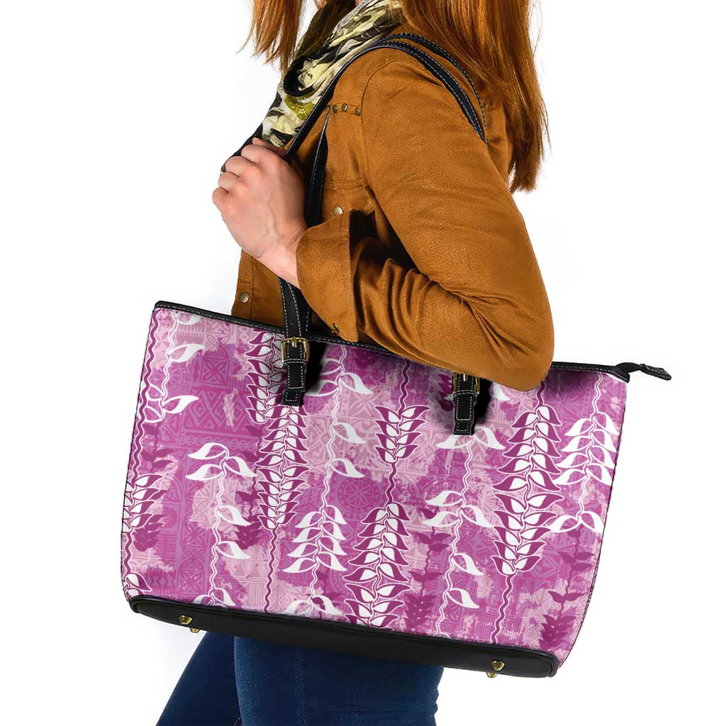 Magenta Hawaii Tapa Pattern Leather Tote Bag With Heliconia Vintage Style LT05 Magenta - Polynesian Pride