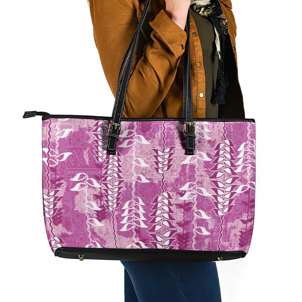 Magenta Hawaii Tapa Pattern Leather Tote Bag With Heliconia Vintage Style LT05 - Polynesian Pride