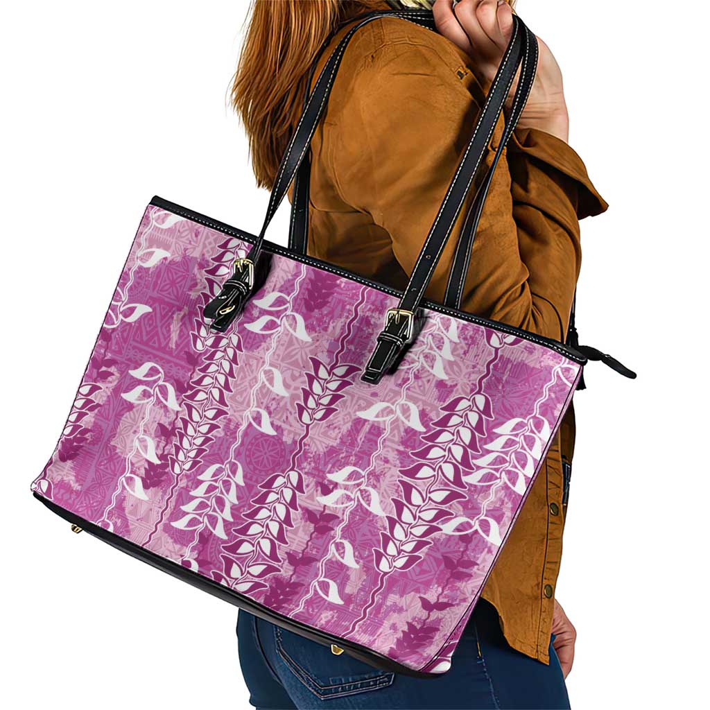 Magenta Hawaii Tapa Pattern Leather Tote Bag With Heliconia Vintage Style LT05 - Polynesian Pride