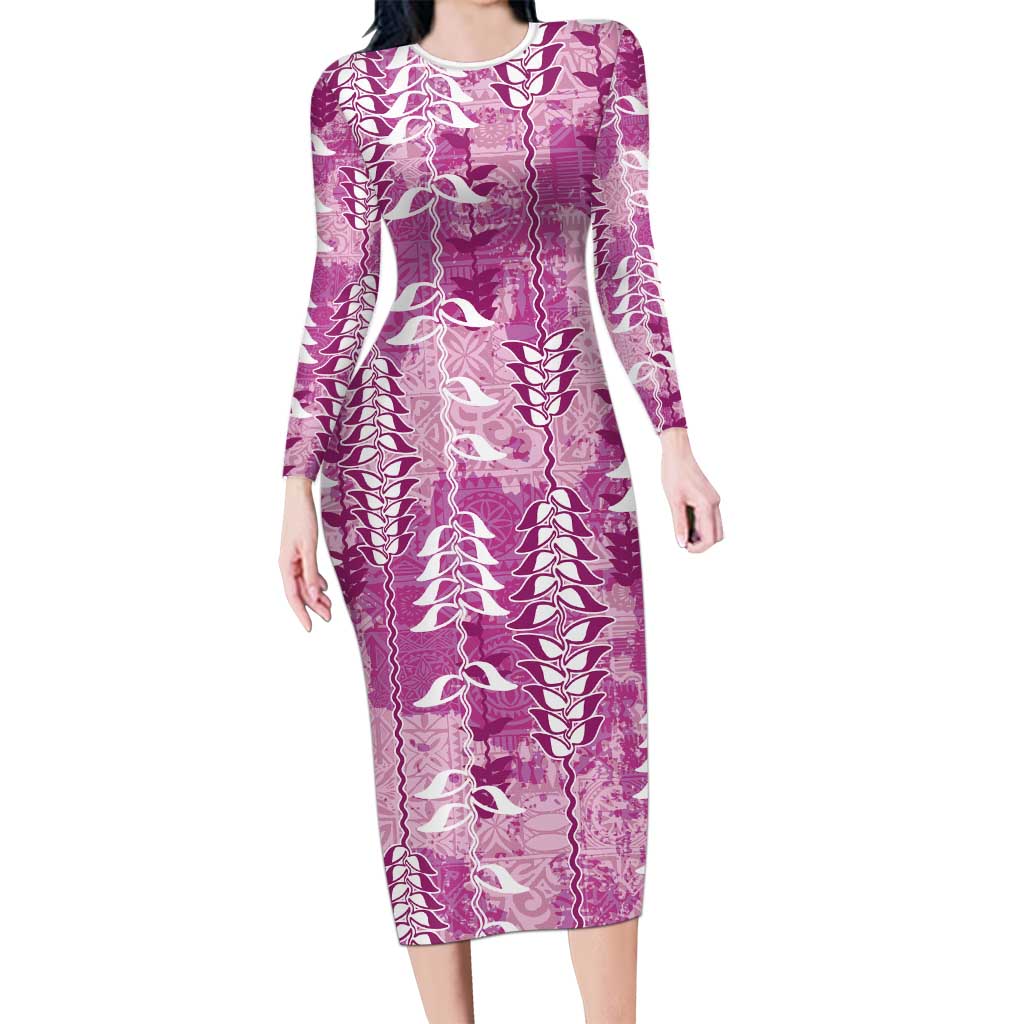 Magenta Hawaii Tapa Pattern Long Sleeve Bodycon Dress With Heliconia Vintage Style LT05 Long Dress Magenta - Polynesian Pride