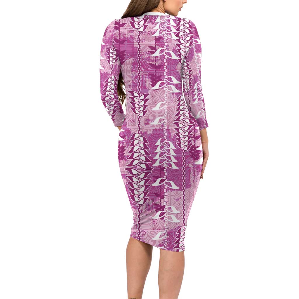 Magenta Hawaii Tapa Pattern Long Sleeve Bodycon Dress With Heliconia Vintage Style LT05 - Polynesian Pride