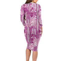 Magenta Hawaii Tapa Pattern Long Sleeve Bodycon Dress With Heliconia Vintage Style LT05 - Polynesian Pride
