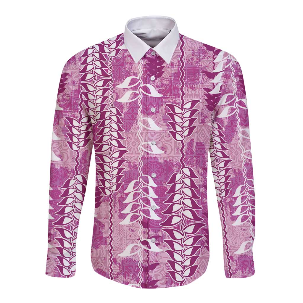 Magenta Hawaii Tapa Pattern Long Sleeve Button Shirt With Heliconia Vintage Style