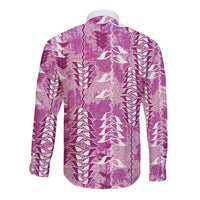 Magenta Hawaii Tapa Pattern Long Sleeve Button Shirt With Heliconia Vintage Style