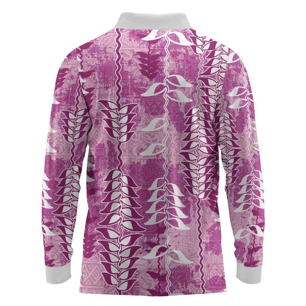 Magenta Hawaii Tapa Pattern Long Sleeve Polo Shirt With Heliconia Vintage Style