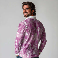 Magenta Hawaii Tapa Pattern Long Sleeve Polo Shirt With Heliconia Vintage Style