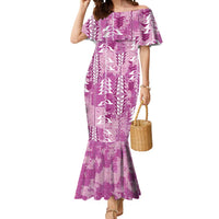 Magenta Hawaii Tapa Pattern Mermaid Dress With Heliconia Vintage Style