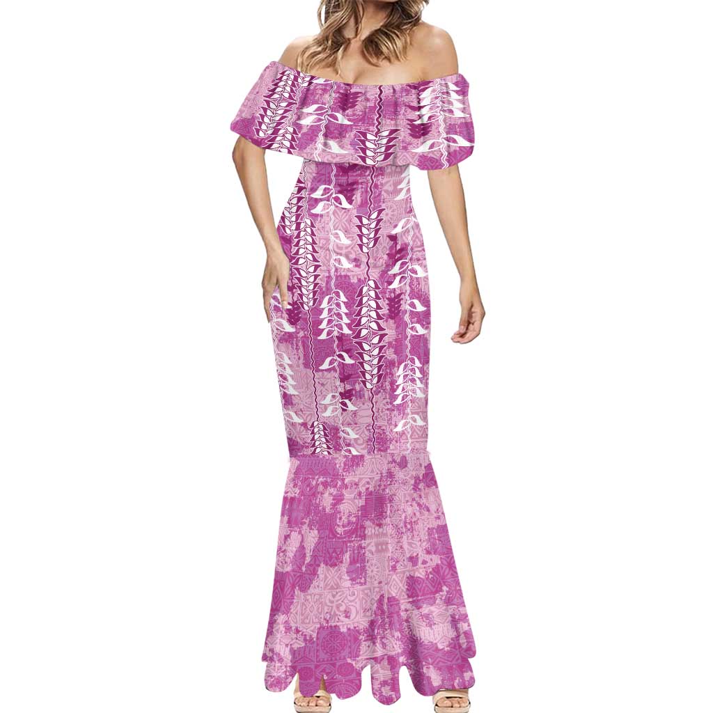 Magenta Hawaii Tapa Pattern Mermaid Dress With Heliconia Vintage Style