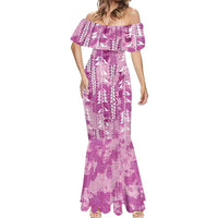 Magenta Hawaii Tapa Pattern Mermaid Dress With Heliconia Vintage Style