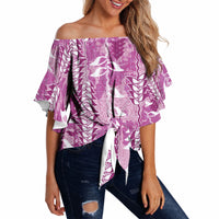 Magenta Hawaii Tapa Pattern Off Shoulder Wrap Waist Top With Heliconia Vintage Style LT05 - Polynesian Pride