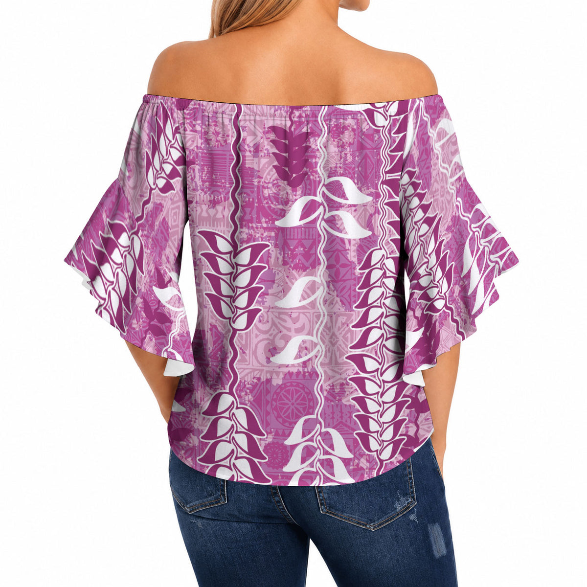 Magenta Hawaii Tapa Pattern Off Shoulder Wrap Waist Top With Heliconia Vintage Style LT05 - Polynesian Pride