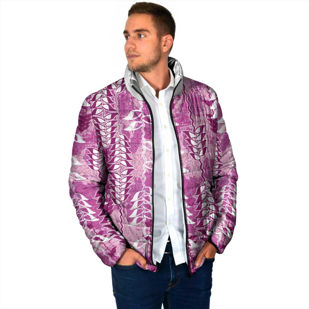 Magenta Hawaii Tapa Pattern Padded Jacket With Heliconia Vintage Style