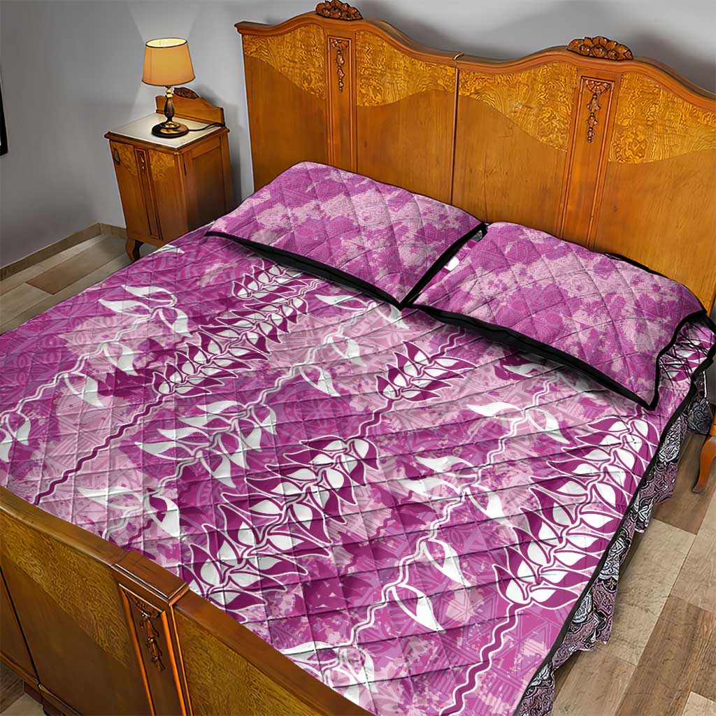 Magenta Hawaii Tapa Pattern Quilt Bed Set With Heliconia Vintage Style