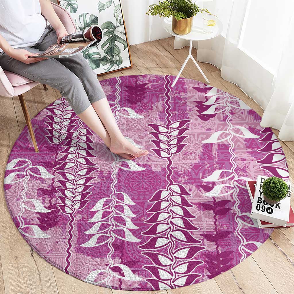 Magenta Hawaii Tapa Pattern Round Carpet With Heliconia Vintage Style