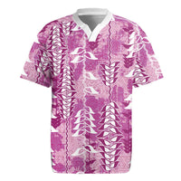 Magenta Hawaii Tapa Pattern Rugby Jersey With Heliconia Vintage Style