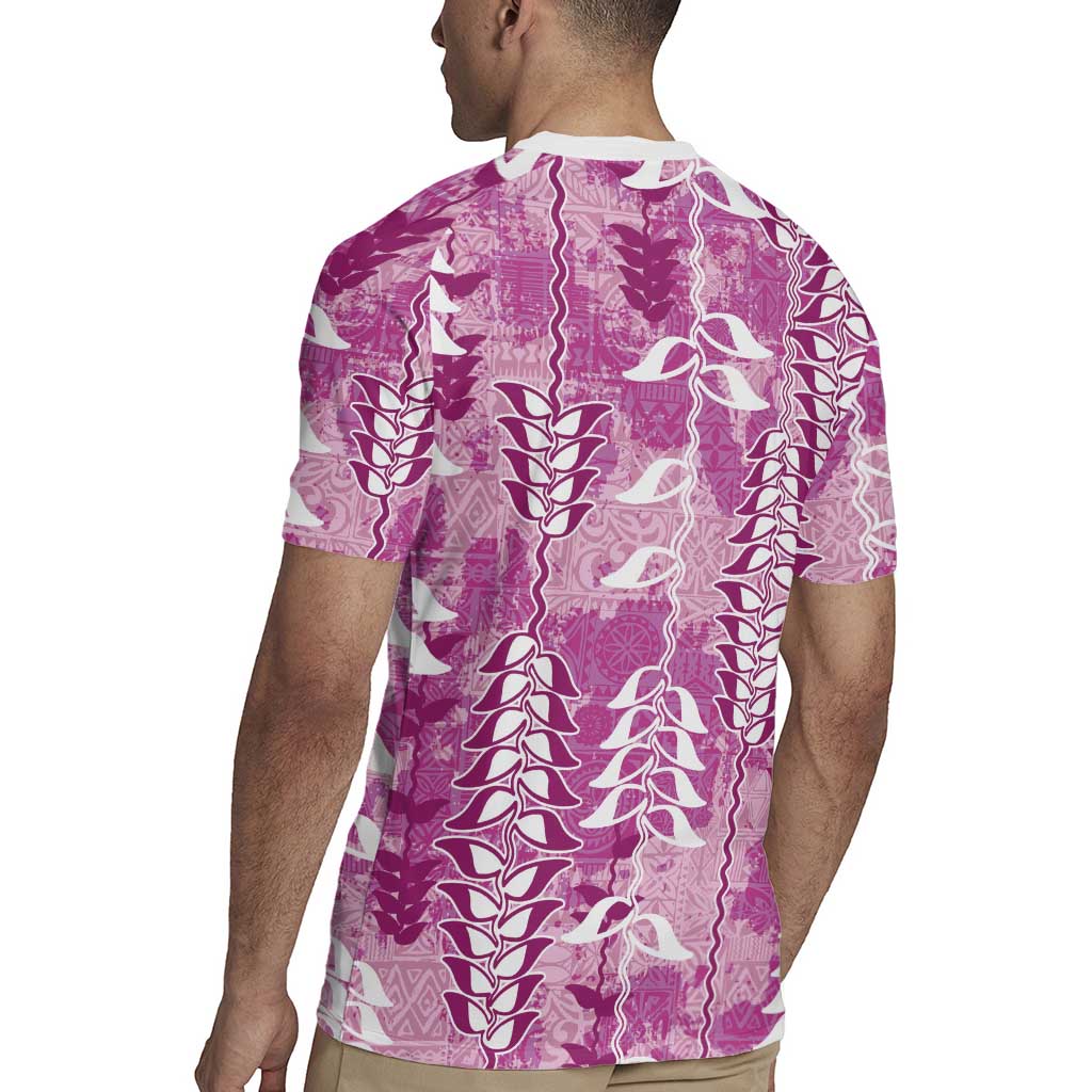Magenta Hawaii Tapa Pattern Rugby Jersey With Heliconia Vintage Style