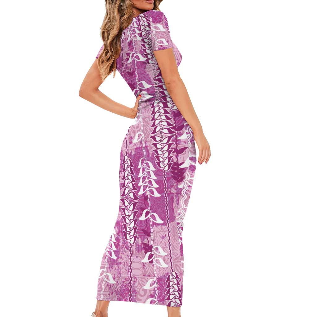 Magenta Hawaii Tapa Pattern Short Sleeve Bodycon Dress With Heliconia Vintage Style