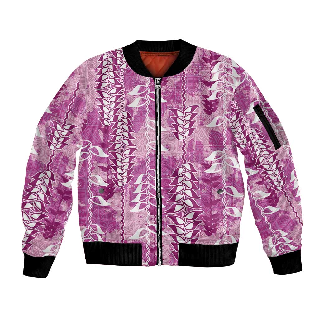 Magenta Hawaii Tapa Pattern Sleeve Zip Bomber Jacket With Heliconia Vintage Style