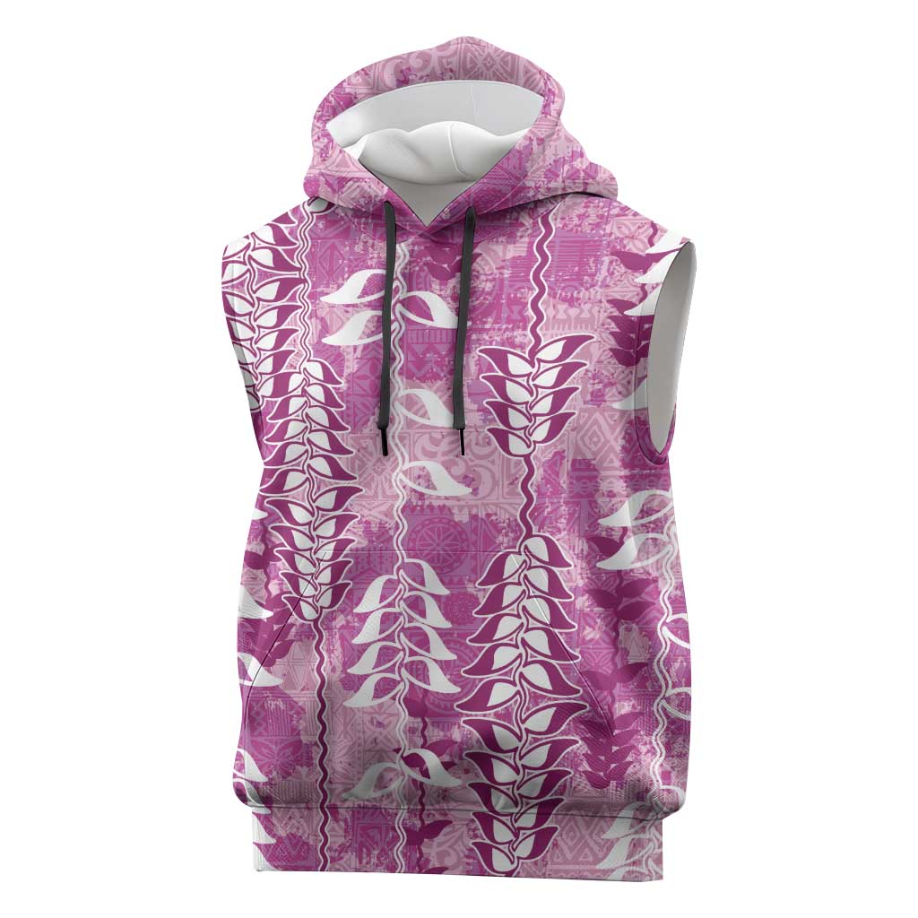 Magenta Hawaii Tapa Pattern Sleeveless Hoodie With Heliconia Vintage Style
