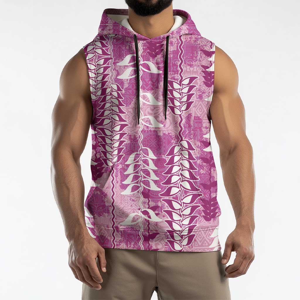Magenta Hawaii Tapa Pattern Sleeveless Hoodie With Heliconia Vintage Style