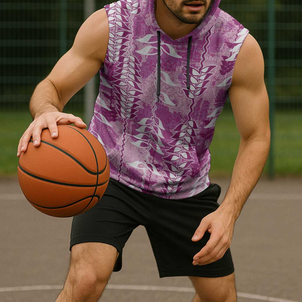Magenta Hawaii Tapa Pattern Sleeveless Hoodie With Heliconia Vintage Style