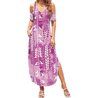Magenta Hawaii Tapa Pattern Summer Maxi Dress With Heliconia Vintage Style LT05 Women Magenta - Polynesian Pride