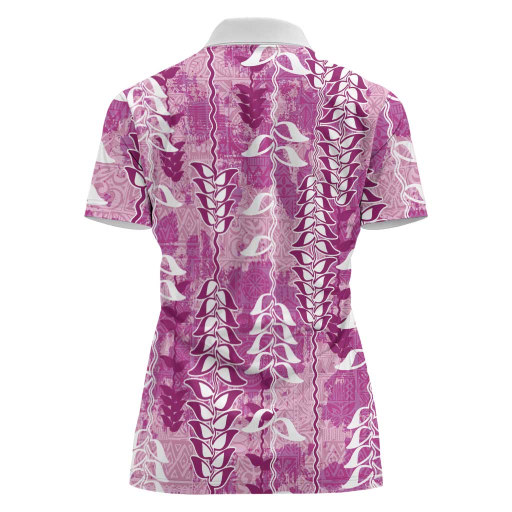 Magenta Hawaii Tapa Pattern Women Polo Shirt With Heliconia Vintage Style