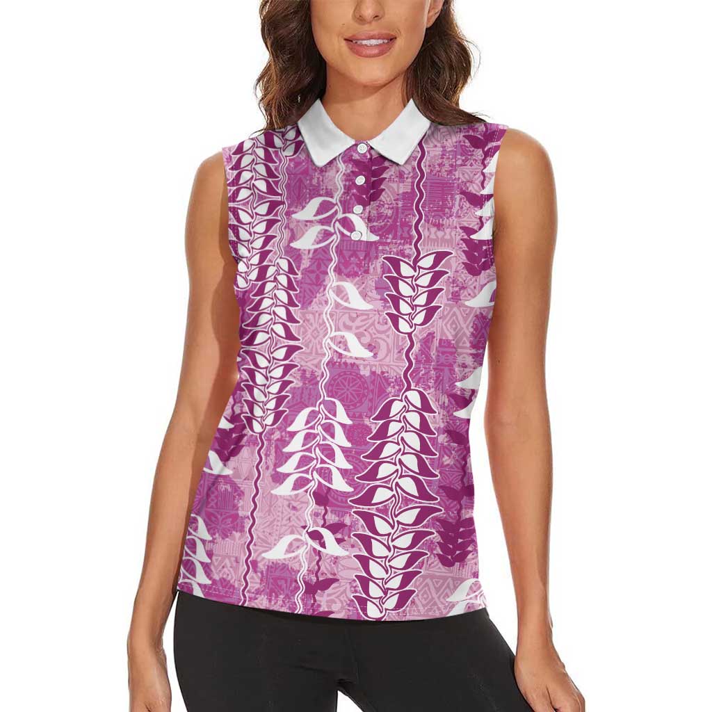 Magenta Hawaii Tapa Pattern Women Sleeveless Polo Shirt With Heliconia Vintage Style