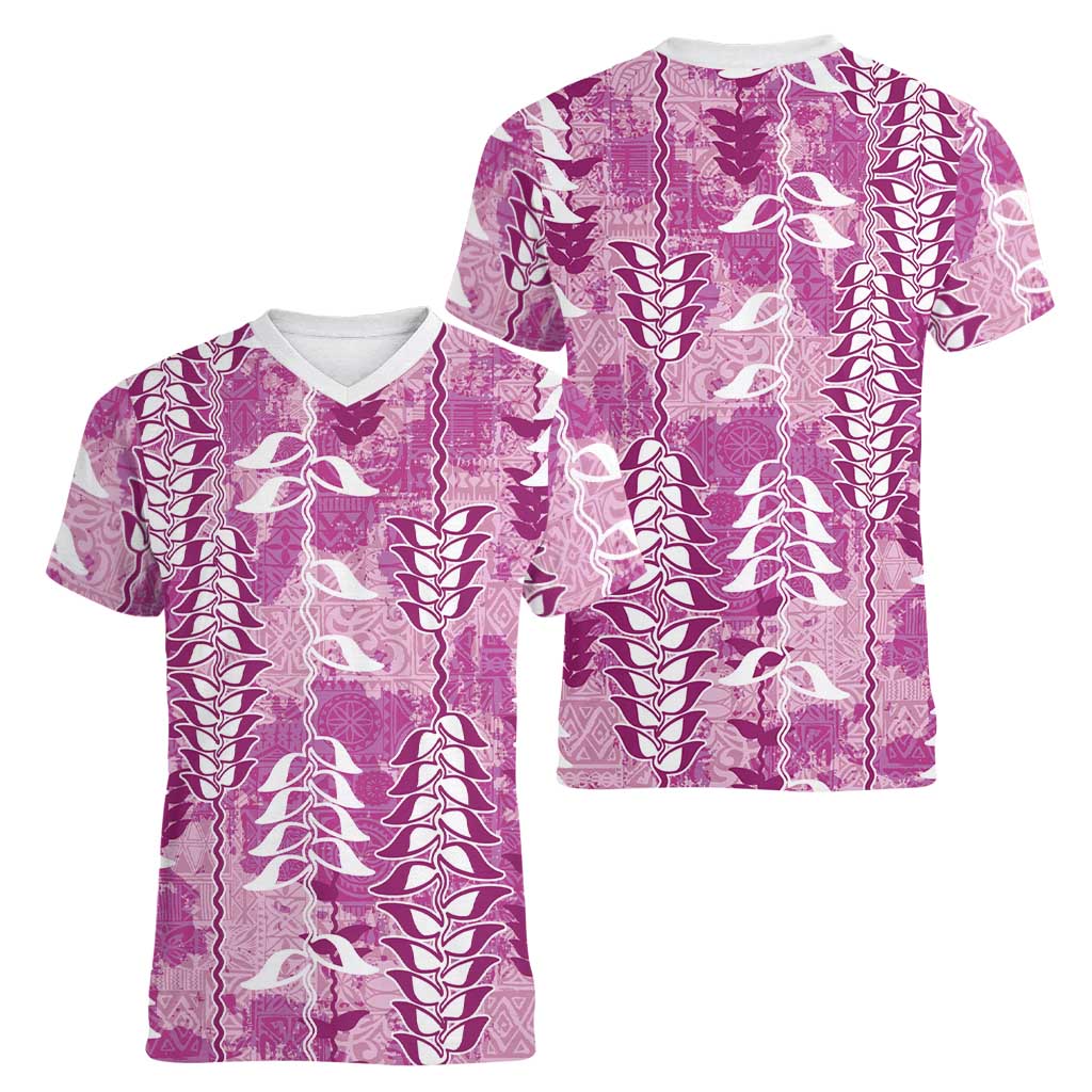 Magenta Hawaii Tapa Pattern Women V-Neck T-Shirt With Heliconia Vintage Style