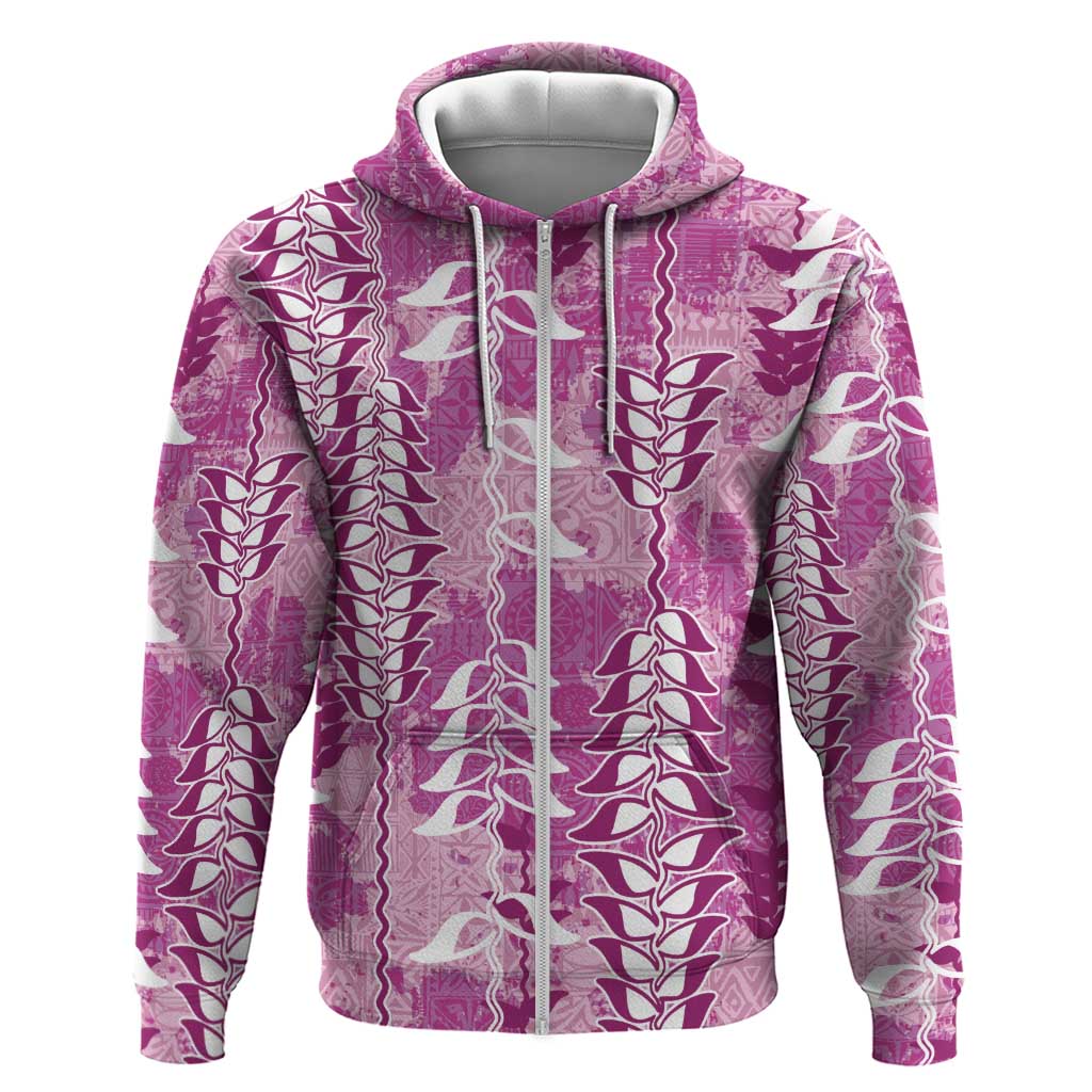 Magenta Hawaii Tapa Pattern Zip Hoodie With Heliconia Vintage Style
