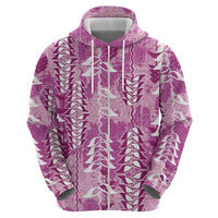 Magenta Hawaii Tapa Pattern Zip Hoodie With Heliconia Vintage Style