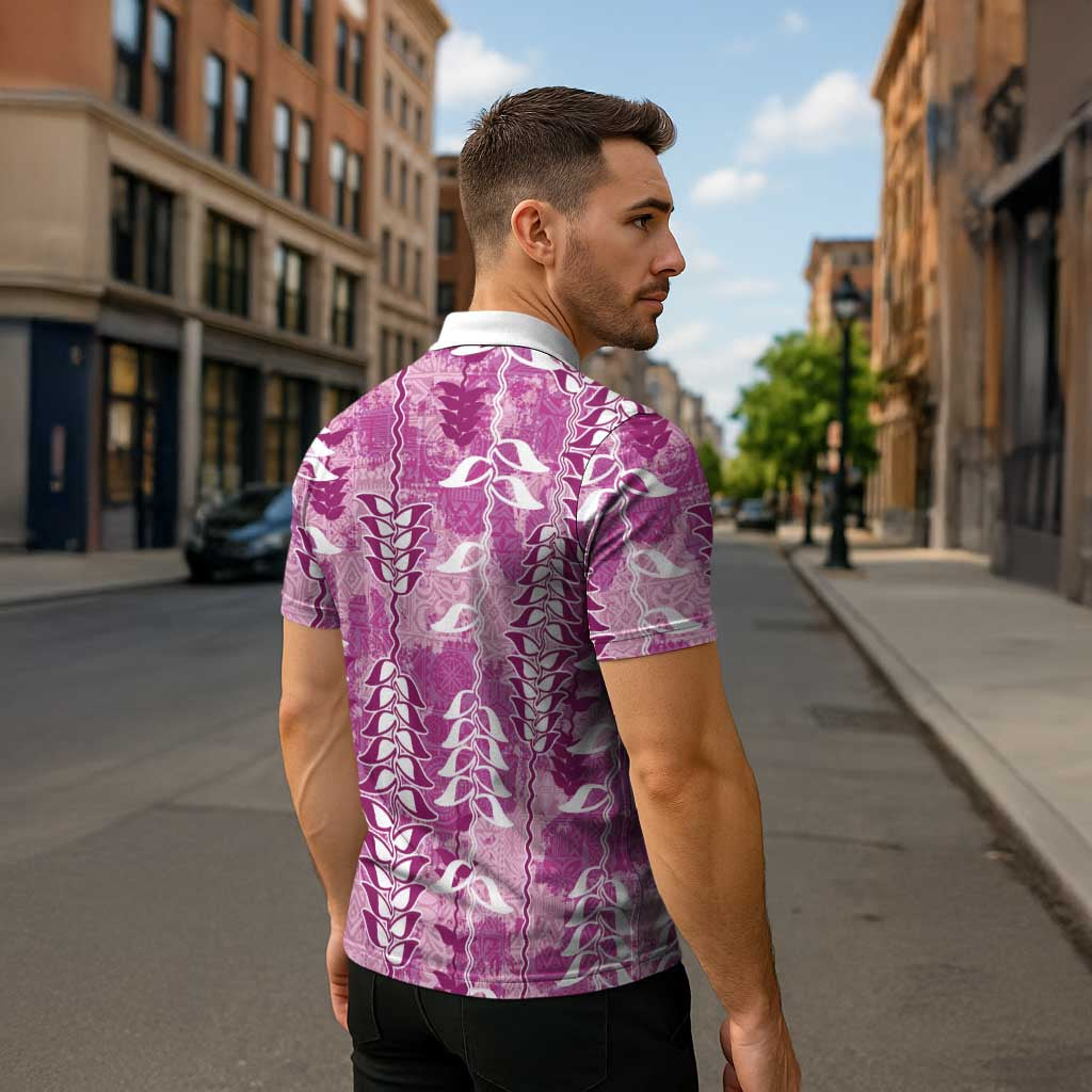 Magenta Hawaii Tapa Pattern Zipper Polo Shirt With Heliconia Vintage Style
